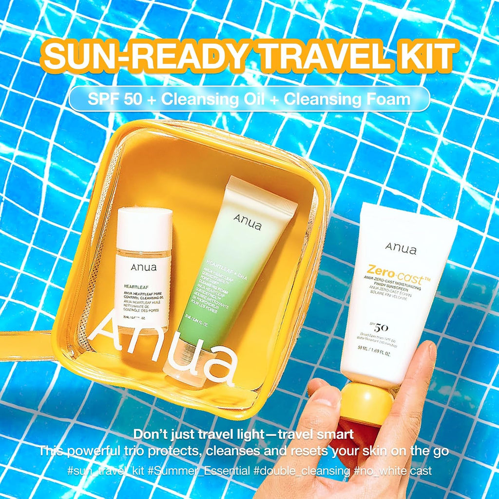 Anua Sun-Ready Travel Kit | Zero-Cast Sunscreen & Cleansing oil & Face Wash. Kore Sunscreen with Mini Size Double Cleansing routine, Korean Skincare