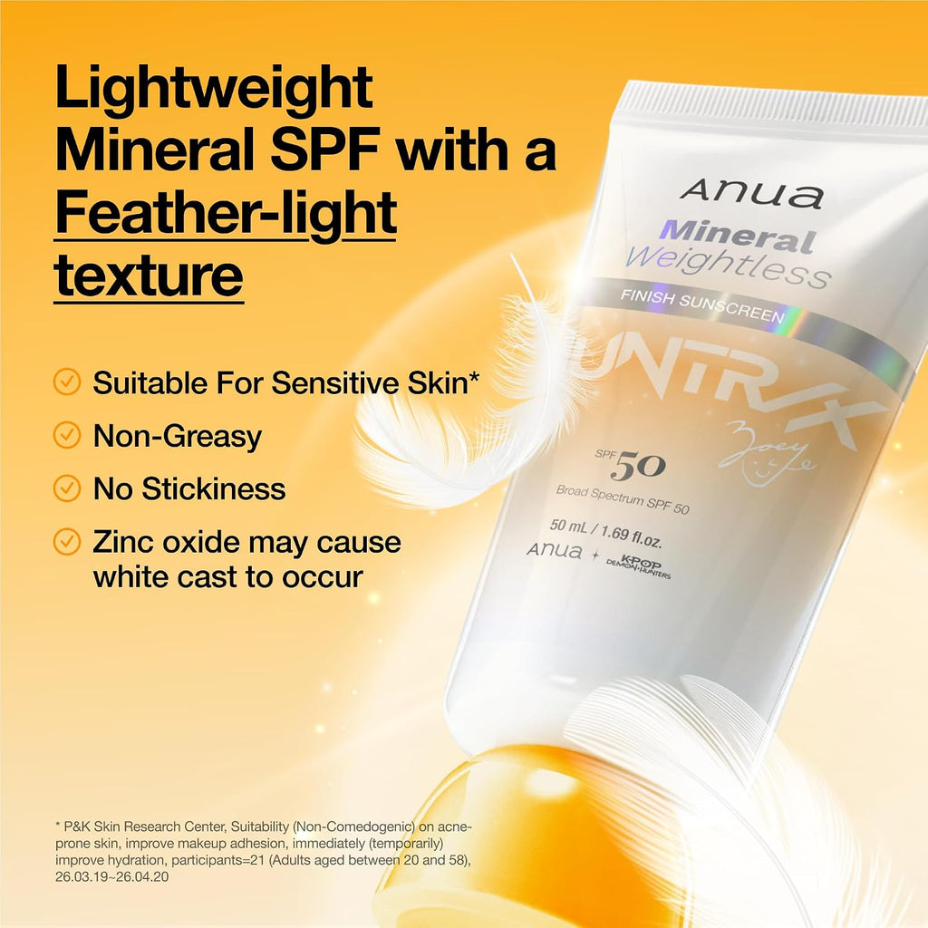 Anua Mineral Weightless Finish Sunscreen SPF 50 – Zinc-Based Broad Spectrum Face Sunscreen, Lightweight Hydrating Lotion, 1.69 fl oz